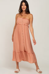 Peach Smocked Button Accent Midi Dress