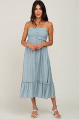 Light Blue Smocked Button Accent Midi Dress