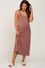 Brown Scoop Neck Maternity Midi Dress