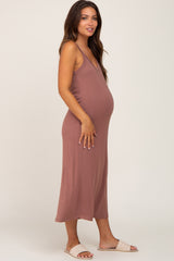 Brown Scoop Neck Maternity Midi Dress