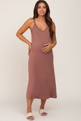 Brown Scoop Neck Maternity Midi Dress