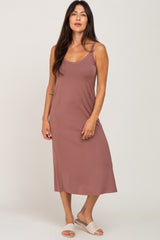 Brown Scoop Neck Maternity Midi Dress