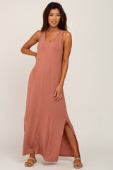 Rust V-Neck Side Slit Sleeveless Maternity Midi Dress