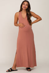 Rust V-Neck Side Slit Sleeveless Maternity Midi Dress