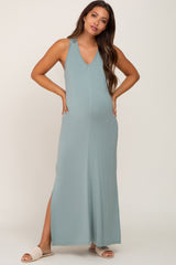 Light Olive V-Neck Side Slit Sleeveless Maternity Midi Dress