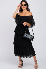 Black Solid Off Shoulder Pleated Ruffle Maternity Midi Dress