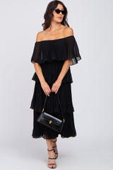 Black Solid Off Shoulder Pleated Ruffle Midi Dress