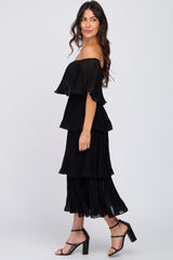 Black Solid Off Shoulder Pleated Ruffle Midi Dress