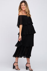 Black Solid Off Shoulder Pleated Ruffle Maternity Midi Dress