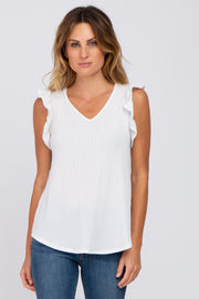 Ivory Ribbed Knit Ruffle Sleeve Top