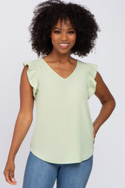 Mint Green Ribbed Knit Ruffle Sleeve Top