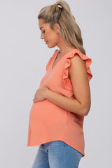 Coral Ribbed Knit Ruffle Sleeve Maternity Top