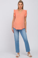 Coral Ribbed Knit Ruffle Sleeve Maternity Top