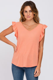 Coral Ribbed Knit Ruffle Sleeve Top