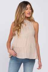 Light Mocha Striped Tiered Mock Neck Maternity Top