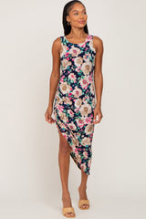 Navy Floral Ruched Asymmetrical Midi Dress