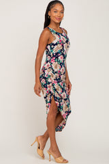 Navy Floral Ruched Asymmetrical Midi Dress