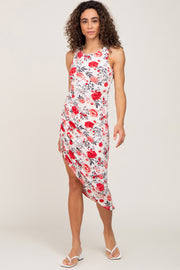 Ivory Floral Ruched Asymmetrical Midi Dress