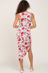 Ivory Floral Ruched Asymmetrical Midi Dress