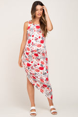 Ivory Floral Ruched Asymmetrical Maternity Midi Dress