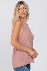 Mauve Ribbed Halter Neck Tank Top