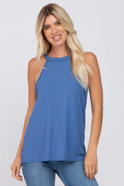 Blue Ribbed Halter Neck Tank Top