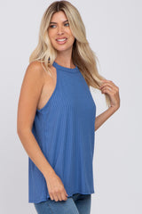 Blue Ribbed Halter Neck Tank Top