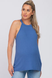 Blue Ribbed Halter Neck Maternity Tank Top