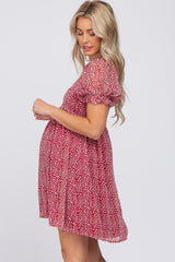 Red Animal Print Puff Sleeve Maternity Dress