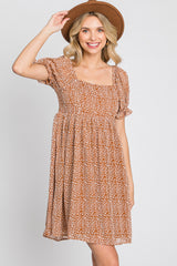 Camel Animal Print Puff Sleeve Dress