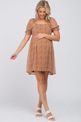 Camel Animal Print Puff Sleeve Maternity Dress