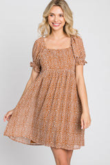 Camel Animal Print Puff Sleeve Dress