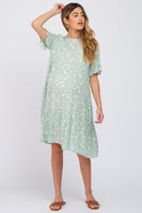 Mint Green Floral Tiered Ruffle Sleeve Maternity Dress