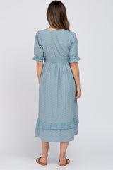 Light Blue Embroidered Square Neck Ruffle Hem Maternity Midi Dress