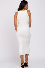 Ivory Racer Front Textured Fitted Maternity Midi Dress