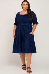 Navy Blue Smocked Front Tie Plus Midi Dress