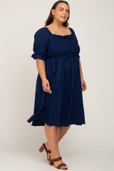 Navy Blue Smocked Front Tie Plus Midi Dress