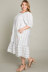 Grey Striped Linen Smocked Plus Midi Dress