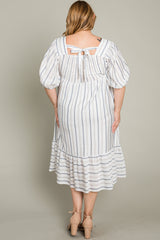 Grey Striped Linen Smocked Plus Midi Dress