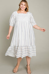 Grey Striped Linen Smocked Plus Midi Dress