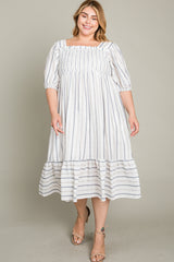 Grey Striped Linen Smocked Plus Midi Dress