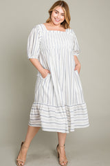 Grey Striped Linen Smocked Plus Midi Dress