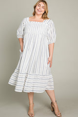 Grey Striped Linen Smocked Plus Midi Dress