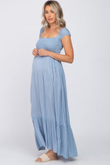 Blue Dotted Smocked Square Neck Criss Cross Back Maternity Maxi Dress