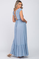 Blue Dotted Smocked Square Neck Criss Cross Back Maternity Maxi Dress