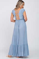 Blue Dotted Smocked Square Neck Criss Cross Back Maternity Maxi Dress