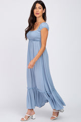 Blue Dotted Smocked Square Neck Criss Cross Back Maxi Dress