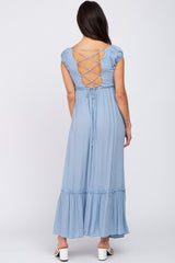 Blue Dotted Smocked Square Neck Criss Cross Back Maxi Dress