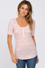 Light Pink Floral Waffle Knit Button Accent Maternity Top