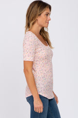 Light Pink Floral Waffle Knit Button Accent Top